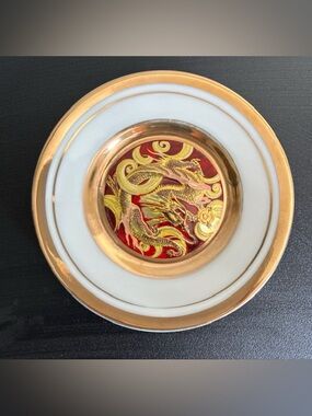 Vintage The Art of Chokin Dragon Plate 4" 24KT Gold Edge Japan